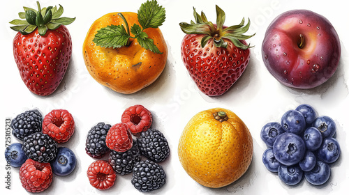 Artistic Collection of Hand-Drawn Fruits with Watercolor Effects