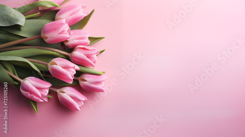 Kwiatowe różowe minimalistyczne tło na życzenia z okazji Dnia Kobiet, Dnia Matki, Dnia Babci, Urodzin, Walentynek czy pierwszego dnia wiosny. Szablon na baner lub mockup z tulipanami.