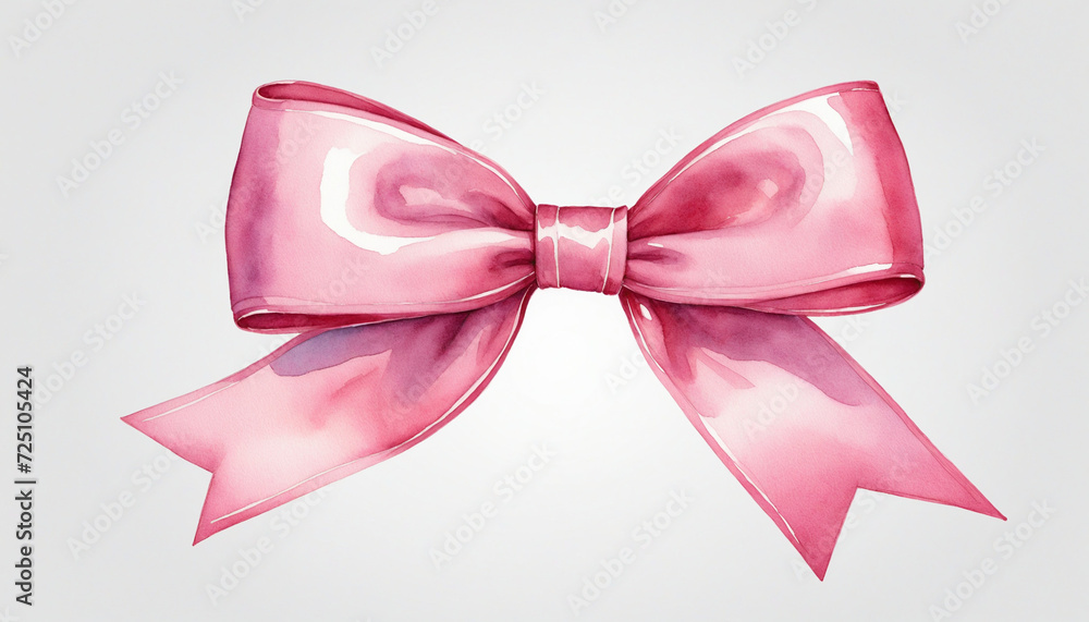 Watercolor illustration of a pink bow with ribbon on a clear background