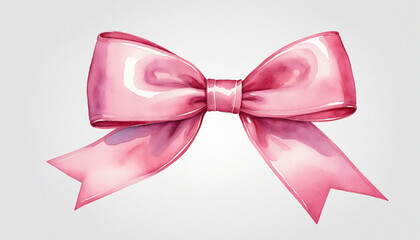 Watercolor illustration of a pink bow with ribbon on a clear background