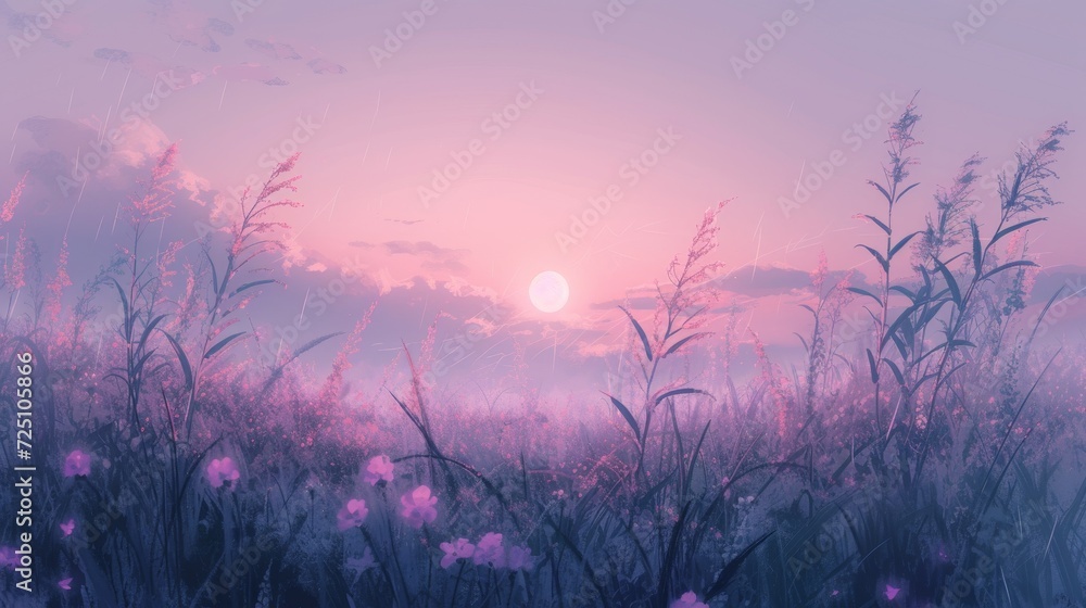 Pastel anime-style illustration of a dreamy summer meadow