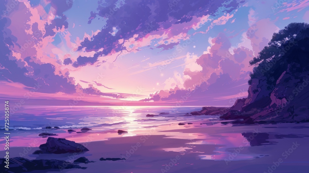 Beautiful anime-style illustration of a hidden beach, dreamy pastel colors - obrazy, fototapety, plakaty 