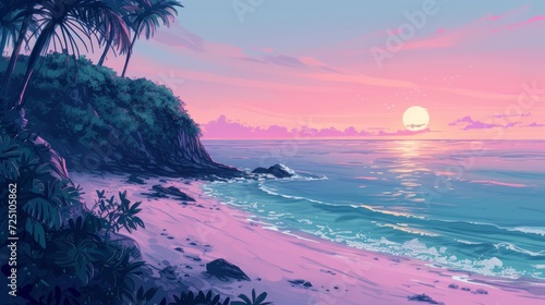 Beautiful anime-style illustration of a hidden beach  dreamy pastel colors