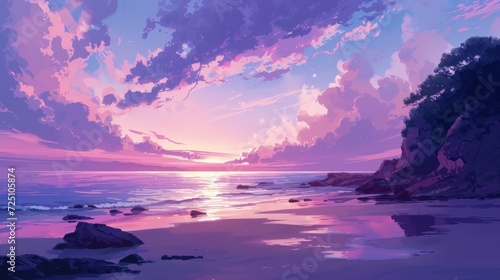 Beautiful anime-style illustration of a hidden beach, dreamy pastel colors photo