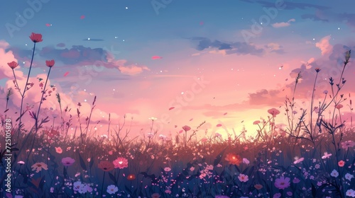 Beautiful anime-style illustration of a meadow of summer wildflowers