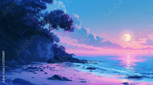 Beautiful anime-style illustration of a hidden beach, dreamy pastel colors © Georgina Burrows