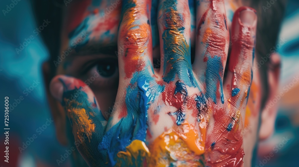 A hand covered in vibrant paint strokes obscures part of a face with graffiti background