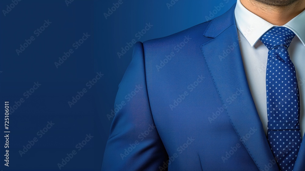 Close-up of a businessman in a tailored blue suit with a polka dot tie - obrazy, fototapety, plakaty 