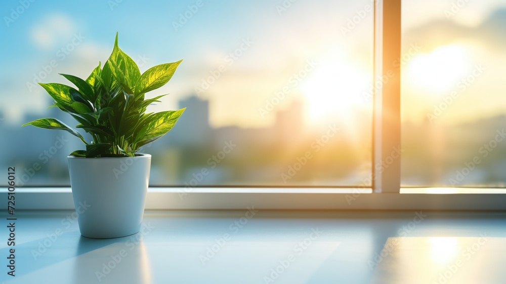 Morning light bathes a vibrant green potted plant on a windowsill with a cityscape beyond