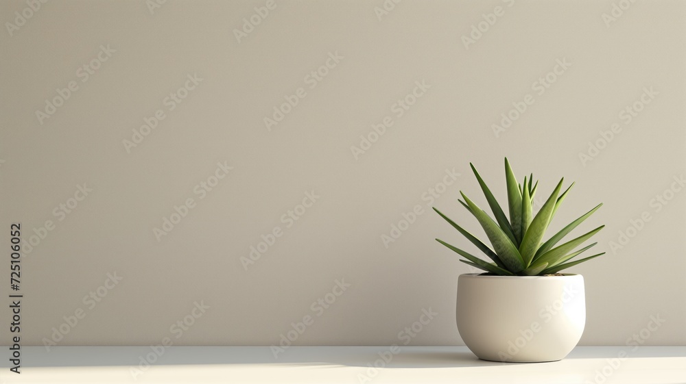 A green succulent plant in a white pot on a white shelf with light background A green succulent plant in a white pot on a white shelf with light background
