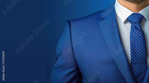 Close-up of a businessman in a tailored blue suit with a polka dot tie