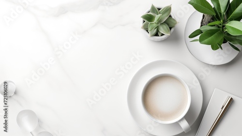 A top view of a white minimalist desk with a cup of coffee  plants  and stationery