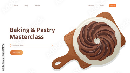 Baking  Pastry Masterclass website, landing page. Chocolate biscuit cake with topping on the plate and cutting board. Baking, bakery shop, cooking, sweet food, dessert, pastry. Vector illustration