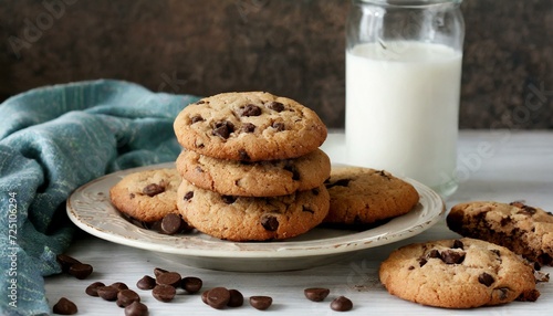 A plate of chocolate chip cookies with a glass of milk in the background and chocolate bits sprinkled around.