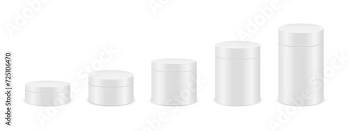 Different sized round boxes for gifts, hats, presents, sweets, cookies. Set of silver cylinder packages isolated on white background. Can templates for product design. Vector realistic illustration
