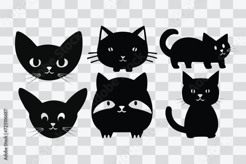 Collection of cat silhouette vector illustrations, showcasing diverse feline poses. Black silhouettes against a white