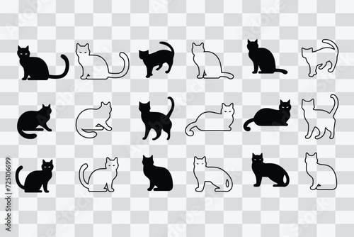 Collection of cat silhouette vector illustrations, showcasing diverse feline poses. Black silhouettes against a white