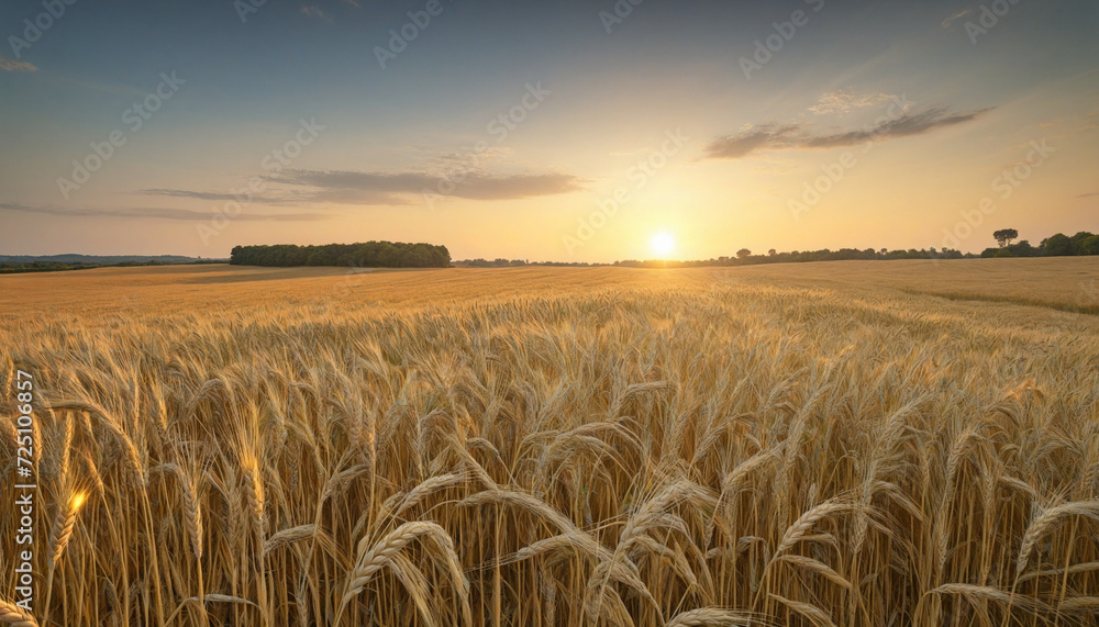 Rural background with golden wheat harvest in open field
