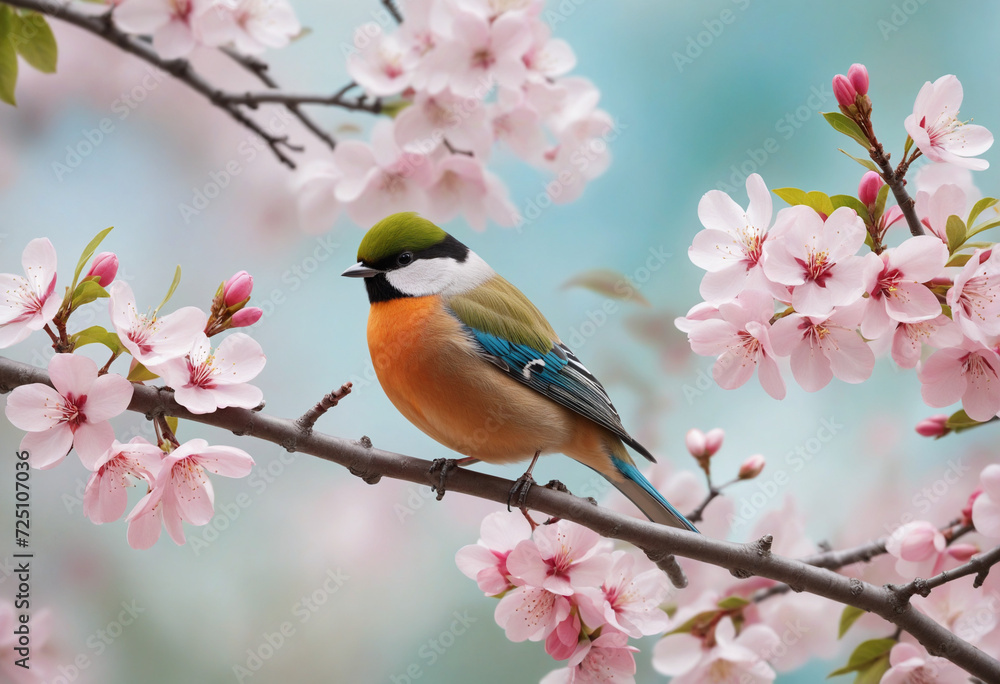 Two colorful birds resting elegantly on a branch in a garden of blooming flowers, embodying the spirit of spring and the wonders of nature. Two colorful birds resting elegantly on a branch in a garden of blooming flowers, embodying the spirit of spring and the wonders of nature.