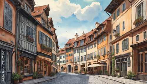 Charming European town street watercolor painting © SR07XC3