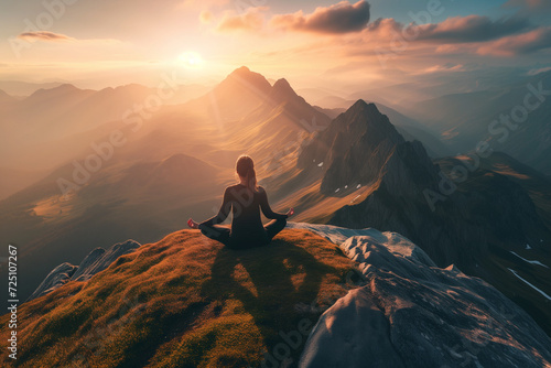 The tranquility of a yogi practicing yoga poses on a mountain summit, with breathtaking panoramic views