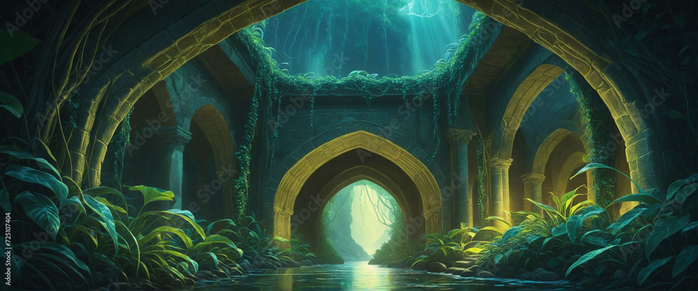 Glowing vines weave through ancient stone arches, casting a mystical ...