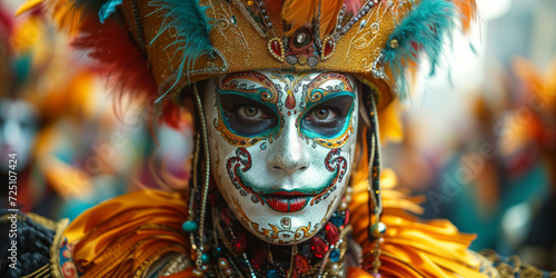 Brazilian or Venetian carnival and festival. Intricate carnival mask with vibrant feathers and detailed face paint. © T-elle