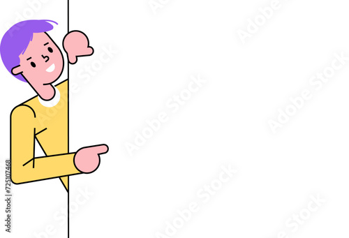 Purple-haired boy peeks around corner with curious expression. Kid playing hide and seek game. Peekaboo moment, childhood fun vector illustration.