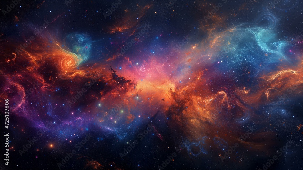 Vibrant cosmic nebula with swirling colors in space.