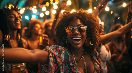 Festival and carnival. Vibrant party scene with joyful woman dancing and taking a selfie, colorful lights and festive atmosphere photo