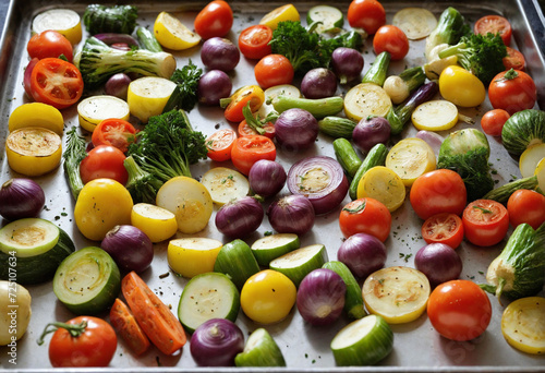 Autumn vegetable medley on baking sheet  grilled harvest vegetables