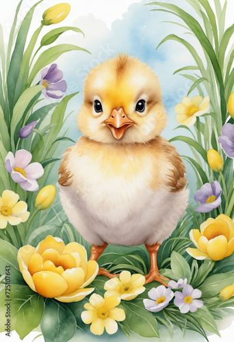 Little chick and spring blooms on a watercolor Easter card. © SR07XC3