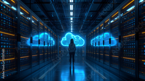 Silhouetted woman in server room with digital cloud symbol.