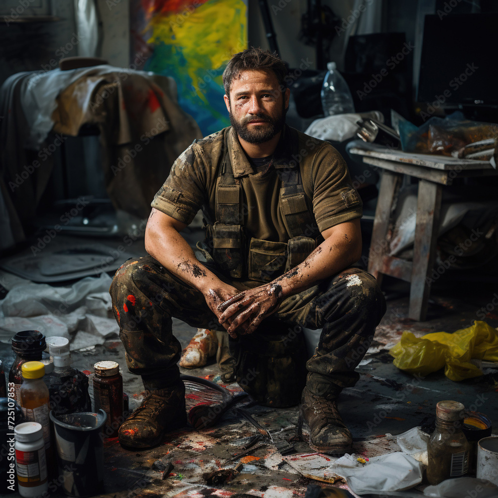 A military man, an artist in peaceful life, in quiet times. A man in camouflage clothing sits against a blurred background of an old workshop. Bearded, handsome, kind European. Military concept.