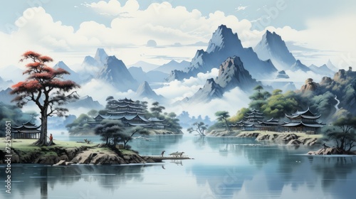 Asian mountain landscape. Neural network AI generated art photo
