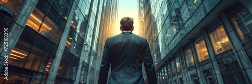 Back view of businessman looking up at towering office buildings.Business and finance