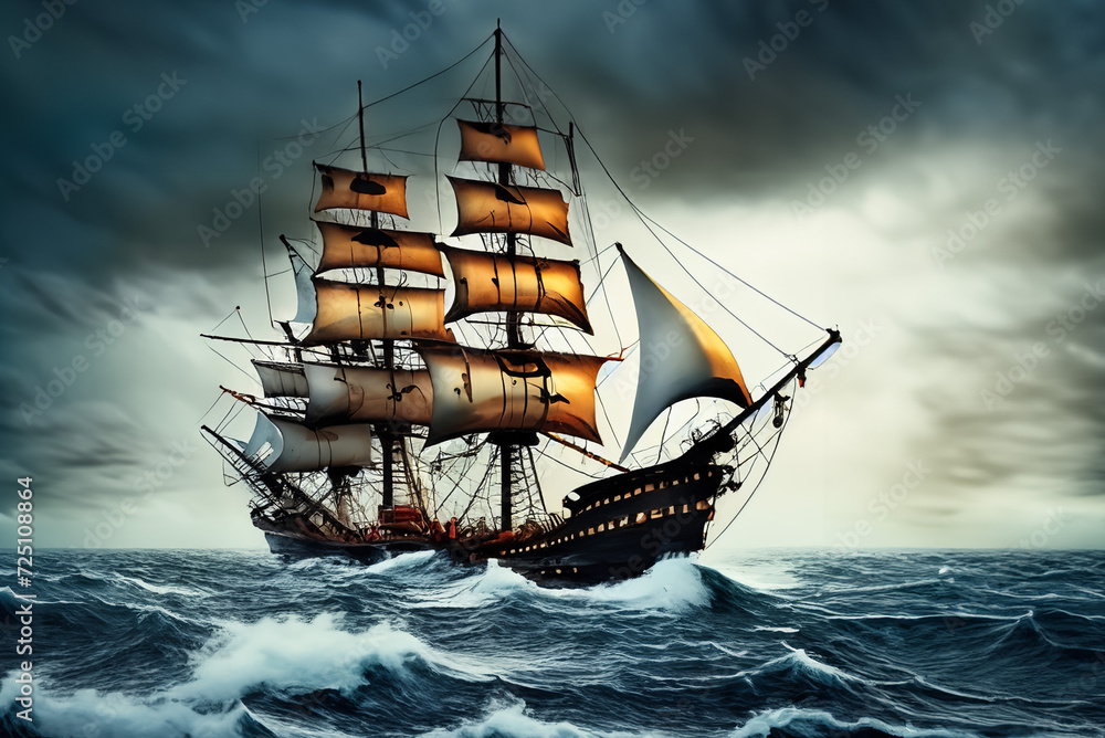 Pirate Ship on High Seas - obrazy, fototapety, plakaty 