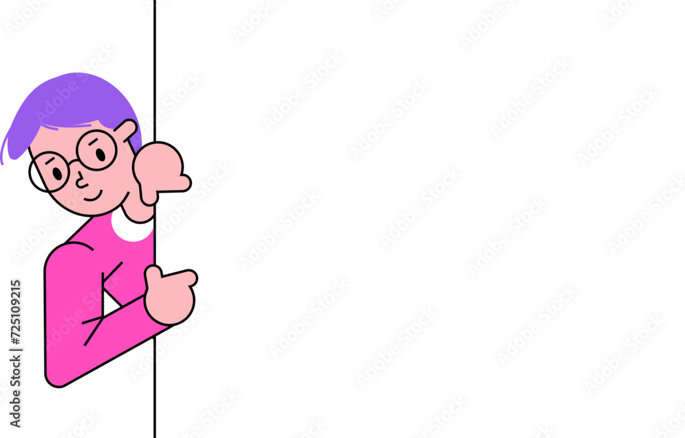 Cartoon girl with purple hair and glasses peeking. Shy child peeking around corner with a cute smile. Childish curiosity and playfulness vector illustration. Cartoon girl with purple hair and glasses peeking. Shy child peeking around corner with a cute smile. Childish curiosity and playfulness vector illustration.