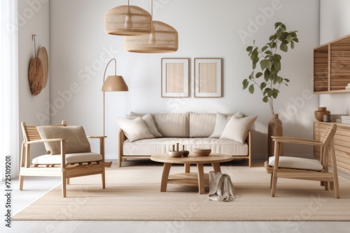 Farmhouse wooden furniture in a bright beige interior background, a minimalist living room design,