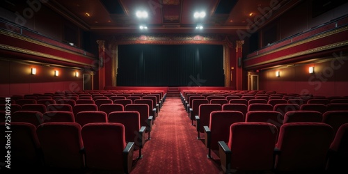Red Theater Seats and Black Curtain in Opulent Cinema. Viewed Over Stage. Generative AI