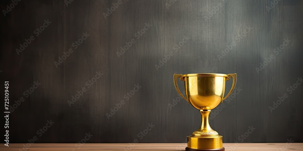 Isolated gold trophy on wooden table with copy space. Isolated gold trophy on wooden table with copy space.