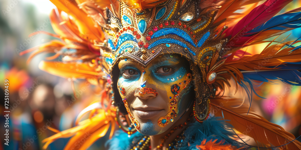Brazilian carnival and festival. Carnival performer with ornate mask and vibrant feathers.