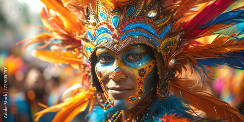 Brazilian carnival and festival. Carnival performer with ornate mask and vibrant feathers. © T-elle