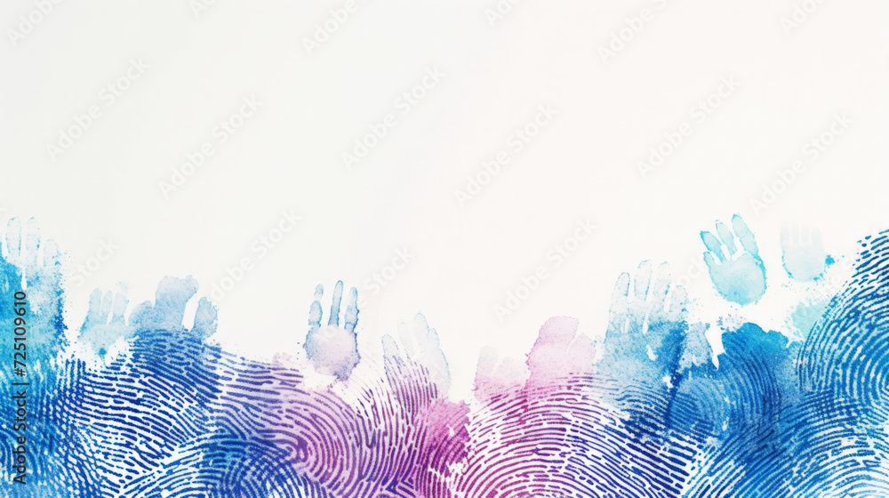 Blue and pink fingerprint swirls on a bright background forming a frame for a copy space. - obrazy, fototapety, plakaty 