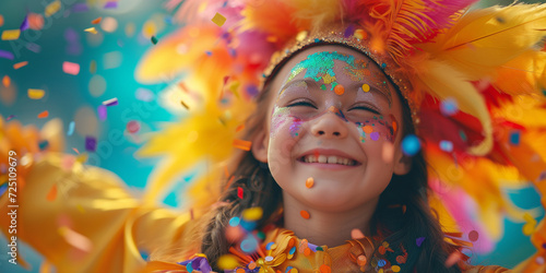 Children's carnival birthday. Child in carnival attire laughing amidst colorful confetti.