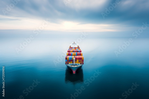 A big cargo ship carrying containers sails across a placid blue sea.