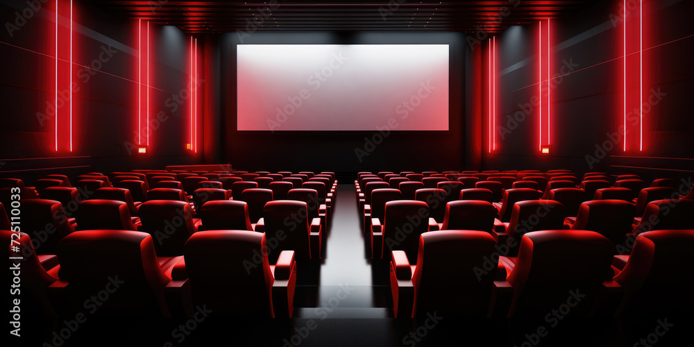 Modern Cinema Room with Red Seats and Ambient Side Lighting. Empty Movie Room with Wide screen. Viewed Over Screen. Generative AI