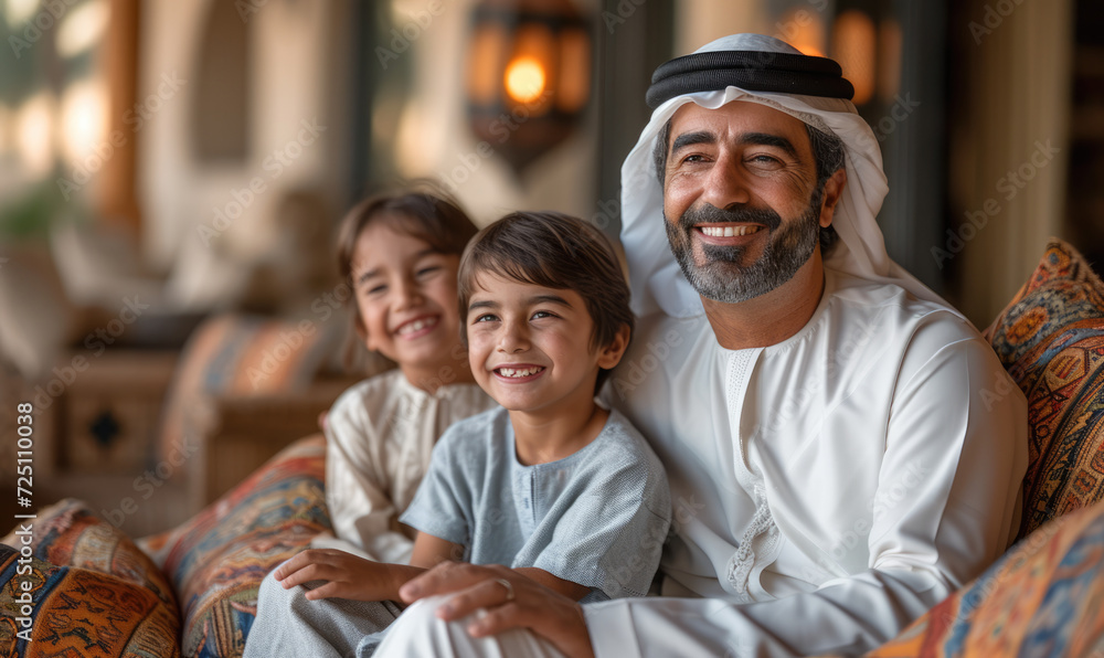 happy family from muslim family celebrating ramadan holy month together.