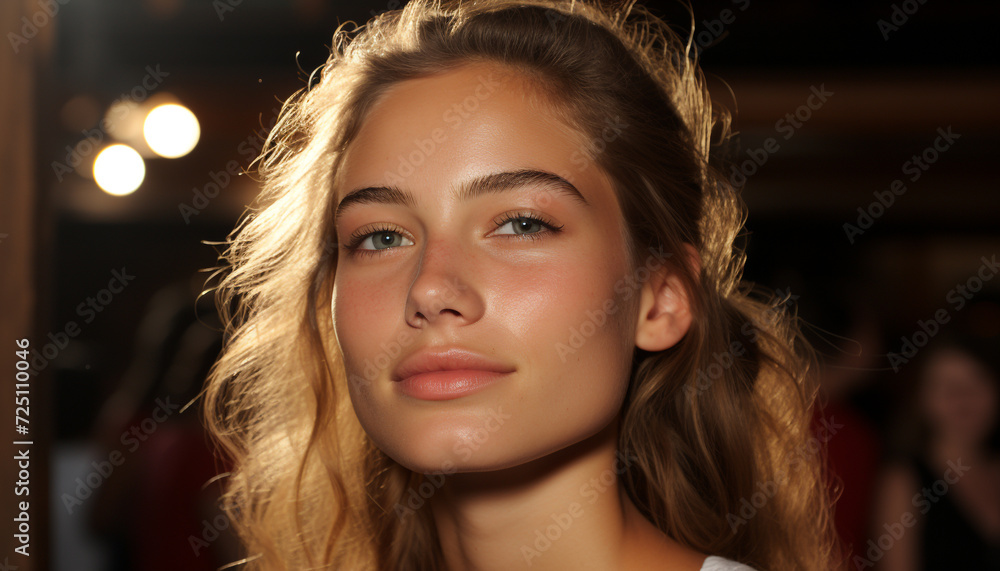 Young woman with long blond hair smiling, looking at camera generated by AI Young woman with long blond hair smiling, looking at camera generated by AI