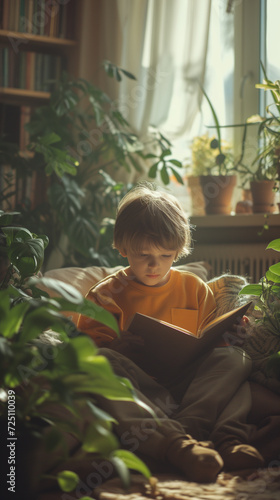 boy reading a book in the room with a lot of plants,ai